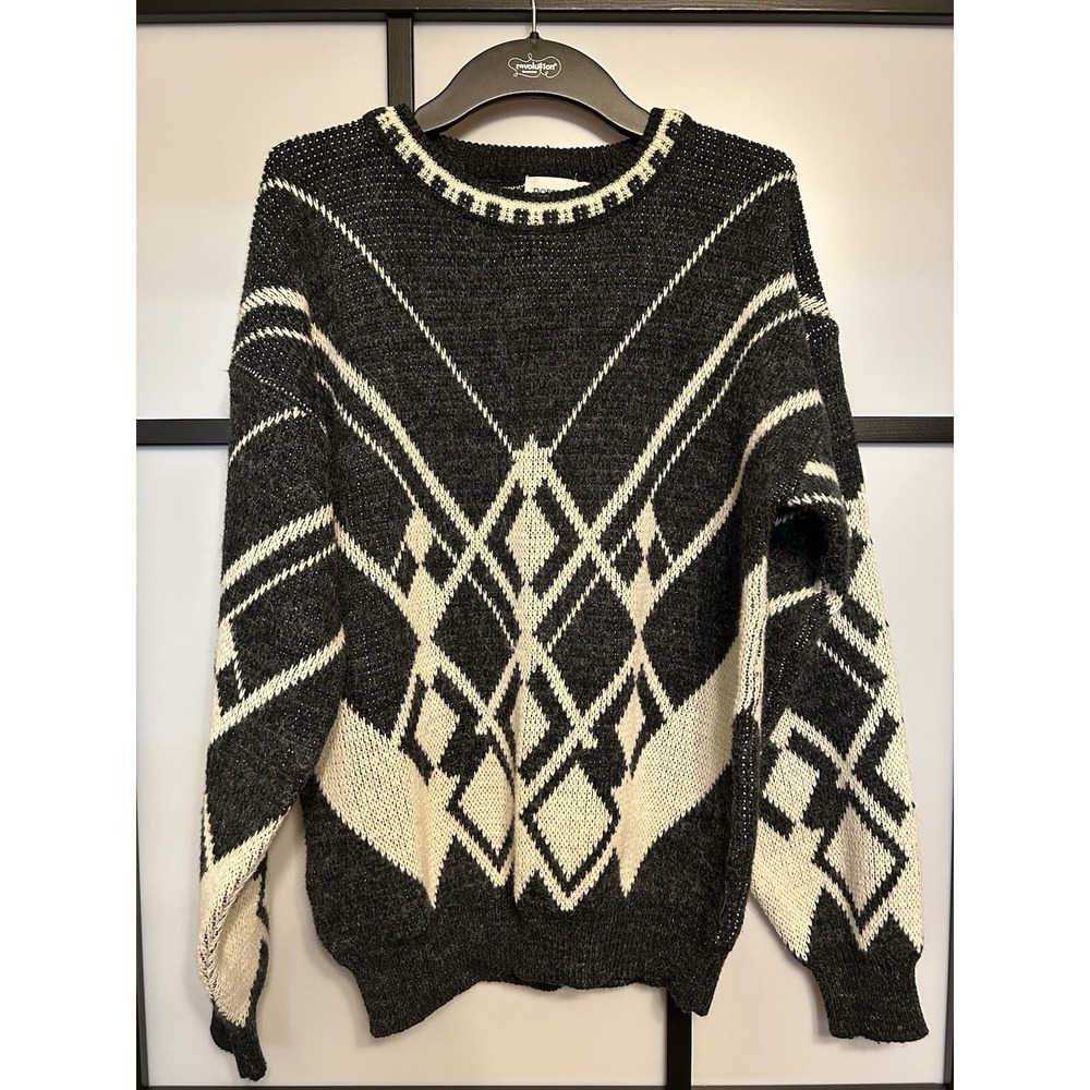 Vintage 90s Robert Bruce Patterned Geometric Sweater Mens Medium Navy Blue White